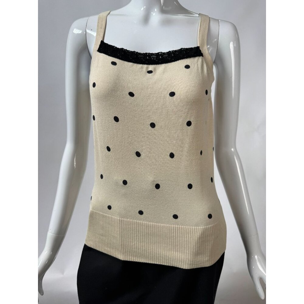 Neiman Marcus Exclusive Beige Polka Dot Knit Tank Top W/ Black Lace Trim Small